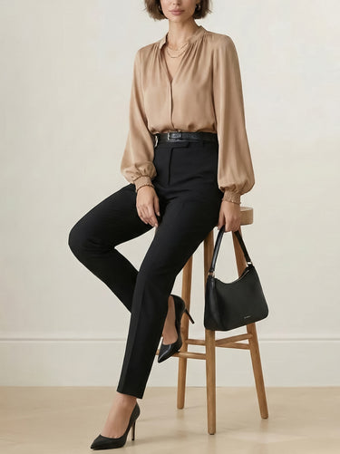 1730351 Long Sleeves Elasticity Pleated Solid Color V-Neck Blouses&Shirts Tops