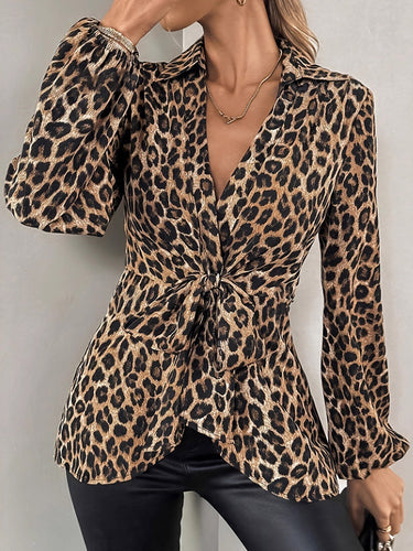 1774773 Long Sleeves Knot Leopard Lapel Blouses&Shirts Tops