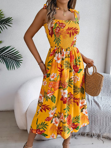 1783872 A-Line Loose Contrast Color Elasticity Flower Print Tied Spaghetti-Neck Midi Dresses