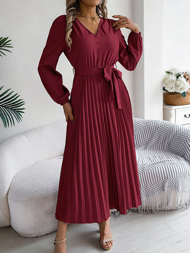 1713860 High Waisted Long Sleeves Belted Buttoned Pleated Solid Color V-Neck Maxi Dresses