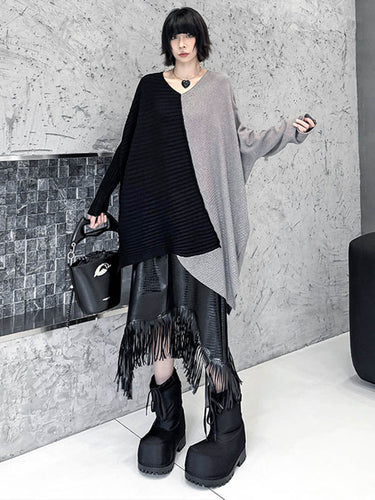 1720134 Batwing Sleeves Irregularity Asymmetric Contrast Color Split-Joint Textured V-Neck Sweater Tops