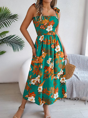 1783880 A-Line Loose Contrast Color Elasticity Flower Print Tied Spaghetti-Neck Midi Dresses