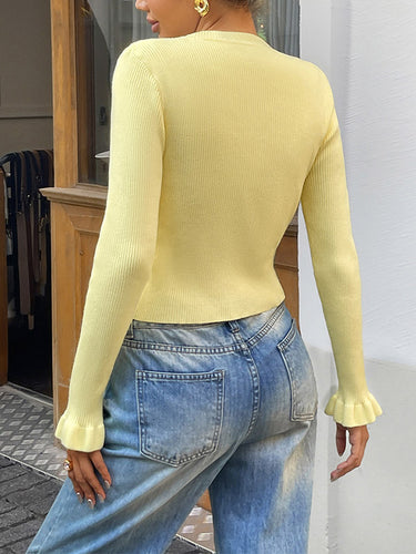 1719273 Long Sleeves Ruffle Sleeves Buttoned Ribbed Knit Single-Breasted Solid Color Collarless Cardigan Tops Outerwear