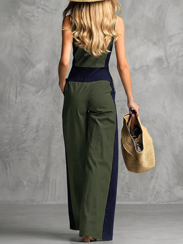 Mouwloze jumpsuits met wijde pijpen, contrasterende kleuren en zakken met ritssluiting en revers