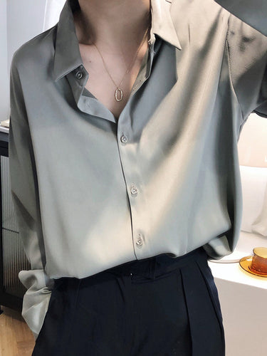 Blusa de manga longa de chiffon de cor de cetim de cor sólida simples