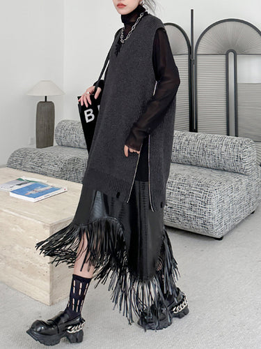 1719699 A-Line Irregularity Asymmetric Buttoned Crocodile Texture Solid Color Tasseled Skirts Bottoms