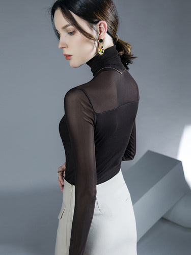 1713801 Long Sleeves Skinny See-Through Solid Color Split-Joint High Neck Blouses&Shirts Tops