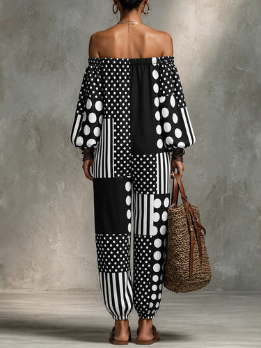Long Sleeves Puff Sleeves Contrast Color Elasticity Polka Dot Split-Joint Striped Off-The-Shoulder Jumpsuits