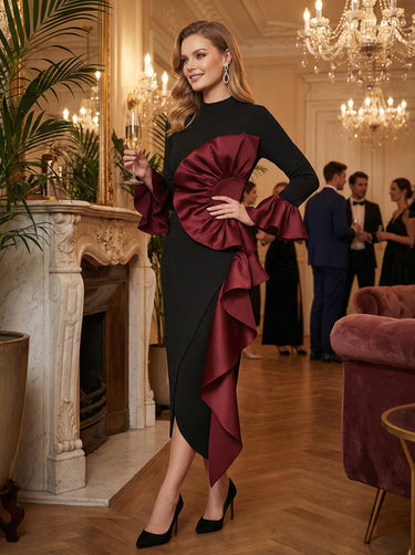 Bodycon Flared Sleeves Asymmetric Contrast Color Ruffled Zipper Stand Collar Midi Dresses