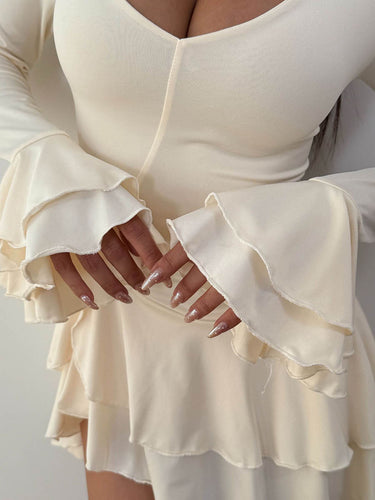 1747367 Bodycon High Waisted Asymmetric Pleated Ruffled Solid Color Split-Joint Deep V-Neck Mini Dresses