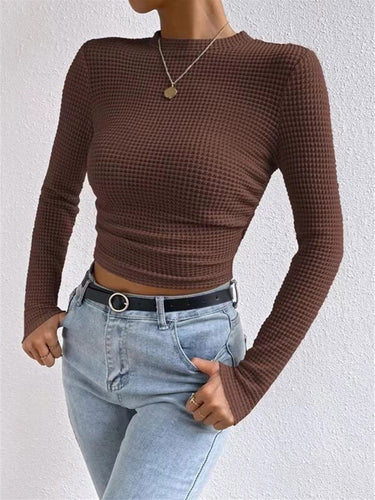 1752817 Long Sleeves Skinny Pleated Solid Color Split-Joint Textured Waffle Check Round-Neck T-Shirts Tops