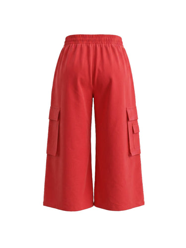 High Waisted Loose Elasticity Pockets Solid Color Pants Trousers