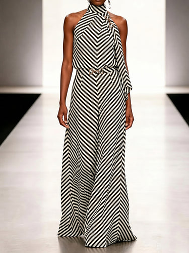 1779885 Sleeveless Contrast Color Draped Striped Halter-Neck Blouses&Shirts Tops