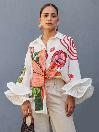 1784883 Flared Sleeves High-Low Buttoned Contrast Color Flower Print Lapel Blouses&Shirts Tops