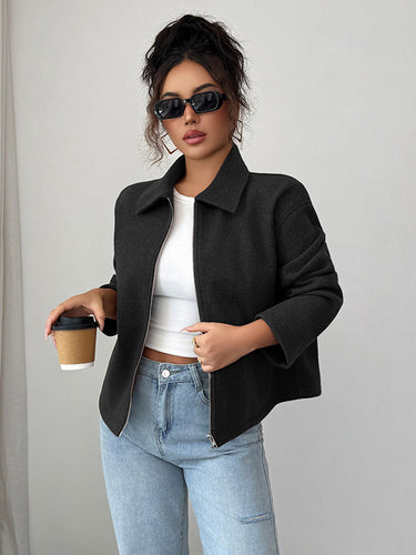 1721790 Long Sleeves Loose Solid Color Zipper Lapel Outerwear