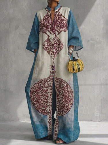Losse driekwart mouwen, contrasterende kleuren, etnisch bedrukte zakken, V-hals jumpsuits