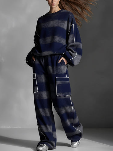 Loose Wide Leg Contrast Color Line Pockets Split-Joint Striped Pants