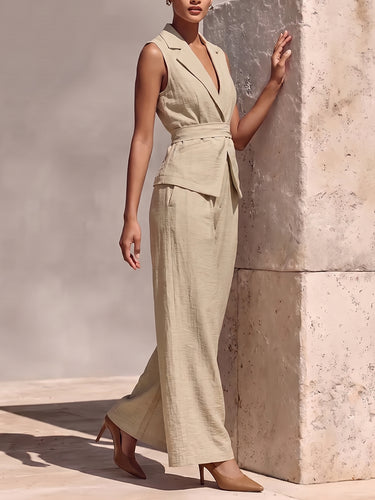 1789034 Solid Color Notched Collar Tied Sleeveless Vest Top + High Waisted Pockets Pants Trousers Two Pieces Set