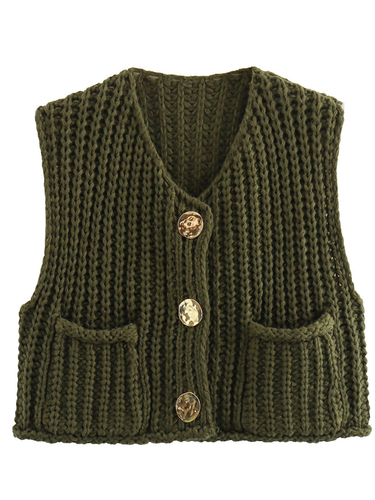 1783581 Sleeveless Buttoned Pockets Solid Color Cardigan Tops Knit Top