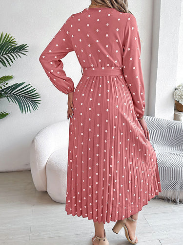 1756163 High Waisted Long Sleeves Pleated Polka Dot Tied Waist V-Neck Maxi Dresses Shirt Dress