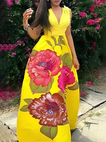 A-LINE MANEVELESS Flower estampado dividido Vestidos maxi con cuello en V con cuello en V