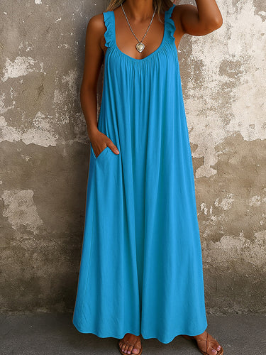 1682380 A-Line Loose Pleated Ruffled Split-Joint U-Neck Maxi Dresses