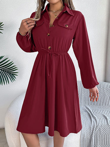 1756177 A-line Long Sleeves Buttoned Pleated Solid Color Tied Lapel Midi Dresses Shirt Dress
