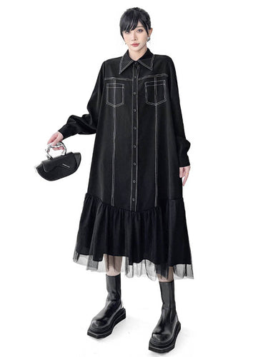 1726290 Irregularity Long Sleeves Asymmetric Buttoned Line Solid Color Split-Joint Lapel Midi Dresses Shirt Dress