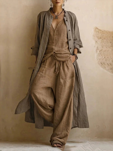 1782038 Long Sleeves Loose Buttoned Pockets Solid Color V-Neck Three Pieces Set