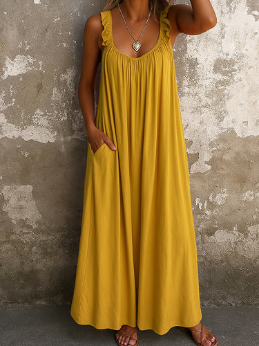 1682382 A-Line Loose Pleated Ruffled Split-Joint U-Neck Maxi Dresses