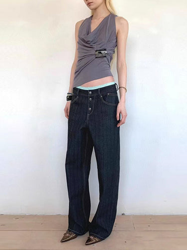 1683306 Loose Sleeveless Pleated Solid Color Heaps Collar Tank Top