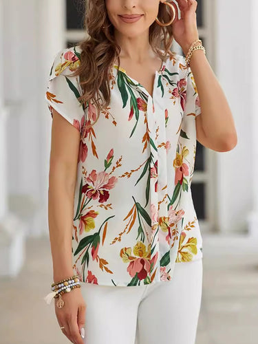 1783977 Loose Short Sleeves Contrast Color Flower Print V-Neck Blouses&Shirts Tops