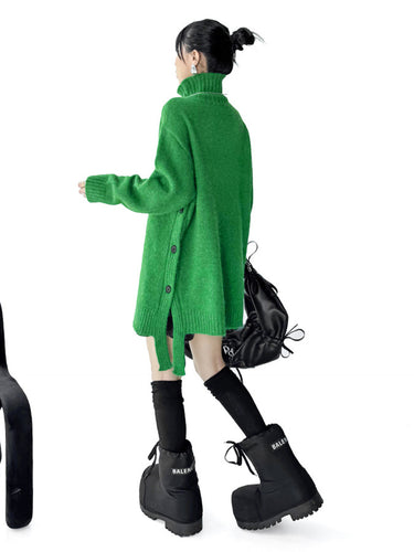 1734800 Irregularity Long Sleeves Buttoned Ribs Solid Color Split-Joint High Neck Sweater Tops