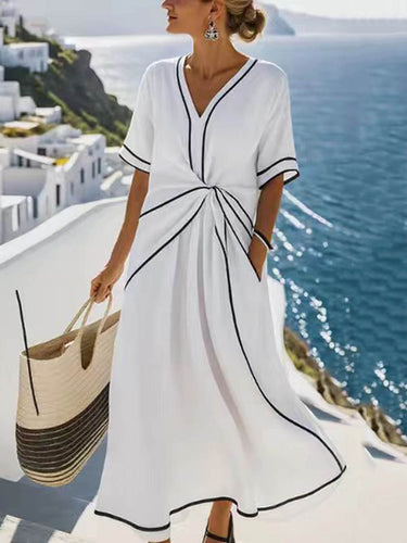 A-Line High Waisted Contrast Color Knot Line Pleated Pockets V-Neck Midi Dresses