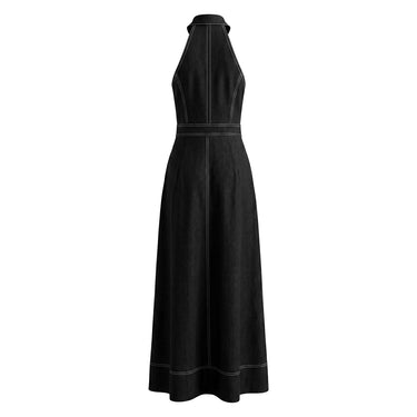 A-Line High Waisted Pleated Pockets Solid Color Zipper Stand Collar Maxi Dresses