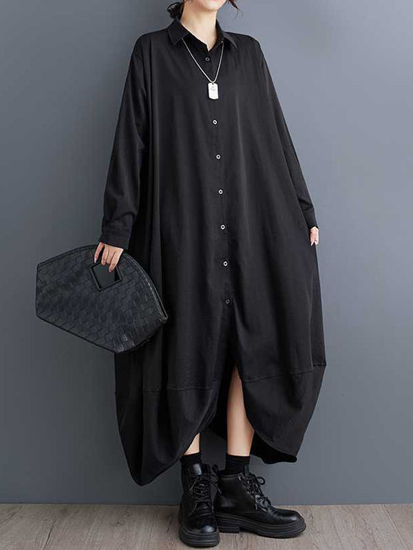 A-Line Half Sleeves Asymmetric Buttoned Pockets Solid Color Lapel Midi Dresses Shirt Dress