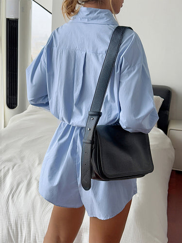 1720345 High Waisted Long Sleeves Buttoned Pleated Solid Color Split-Joint Lapel Rompers