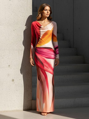 1756688 Bodycon Long Sleeves Contrast Color Pleated Printed Split-Joint Heaps Collar Maxi Dresses