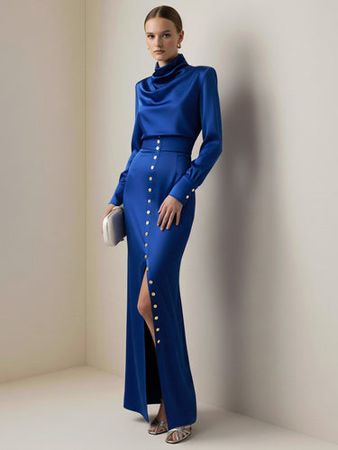 1724283 Split-Joint Heaps Collar Long Sleeves Pleated Blouses&Shirts Tops + Elasticated Waist Asymmetric Buttoned  Contrast Color Split-Side Zipper Skirts Bottoms Two Pieces Set