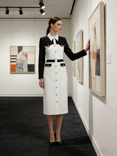 Long Sleeves Buttoned Contrast Color Split-Joint Lapel Midi Dresses