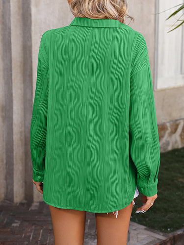 1442285 Long Sleeves Buttoned Jacquard Pleated Solid Color Blouses&Shirts Tops