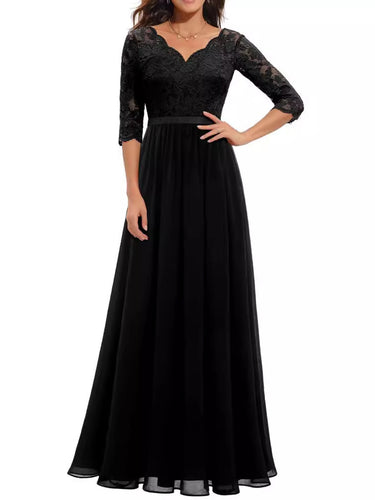 1764393 Robe trapèze taille haute plissée transparente couleur unie col en V fendue