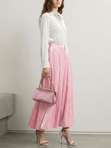 1739910 High Waisted Elasticity Pleated Pockets Solid Color Skirts Bottoms