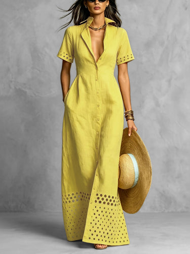 Split-Front Solid Color Pockets Hollow Elasticity Buttoned Short Sleeves Loose Lapel Maxi Dresses