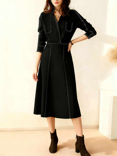 elasticated midi dress Women's Plus Size Midi Dress V Neck Long Sleeve Flowy Lace Trim Elasticated Waistband
