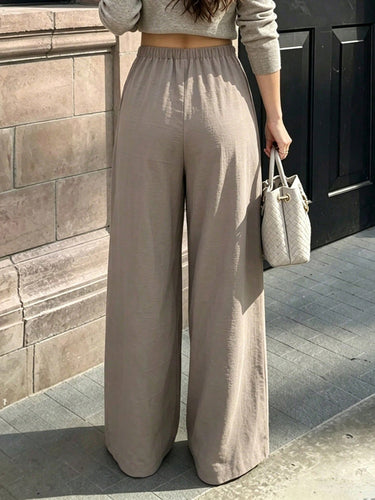 1789265 Solid Color Pleated Wide Leg High Waisted Trousers Pants