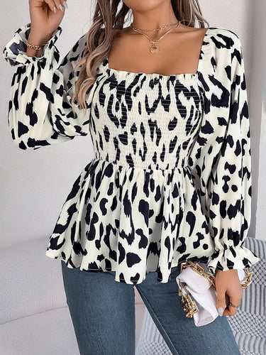 1756003 Long Sleeves Puff Sleeves Leopard Pleated Ruffled Square-Neck T-Shirts Tops