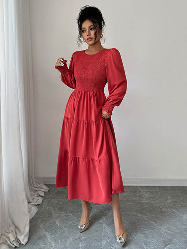 1731559 Elasticated Waist High Waisted Pleated Solid Color Split-Joint Round-Neck Midi Dresses