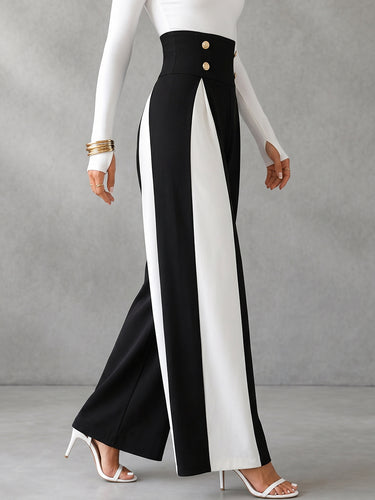 1784481 High Waisted Wide Leg Buttoned Contrast Color Split-Joint Pants Trousers