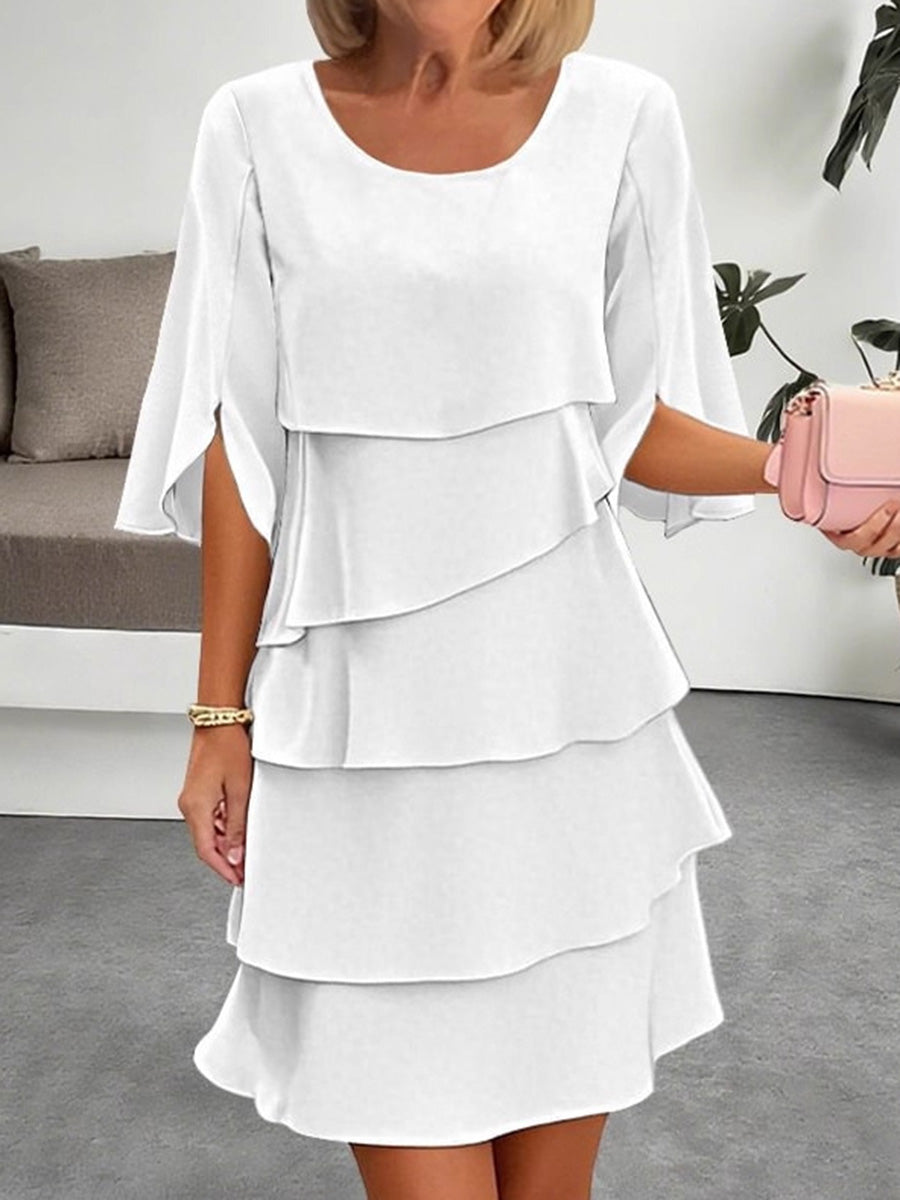 Layered Ruffled Sleeves Half Sleeves Loose Layered Ruffled Solid Color Split-Joint Round-Neck ...